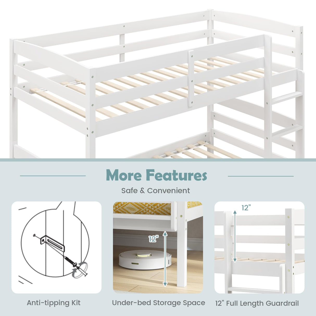 KOMFOTT Twin Over Twin Convertible Bunk Bed with Guardrail and Integrated Ladder - Space-Saving Solid Wood Design KOMFOTT