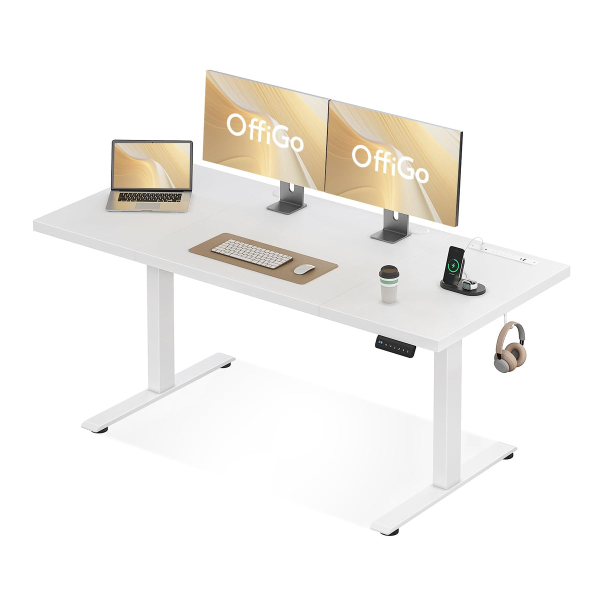OffiGo Electric Standing Desk with 3-Piece Board, 71 Inch Height Adjustable Large Table with Power Outlets, Sit Stand Table, Writing Computer Desk for Home, Office, Workstation, White OffiGo