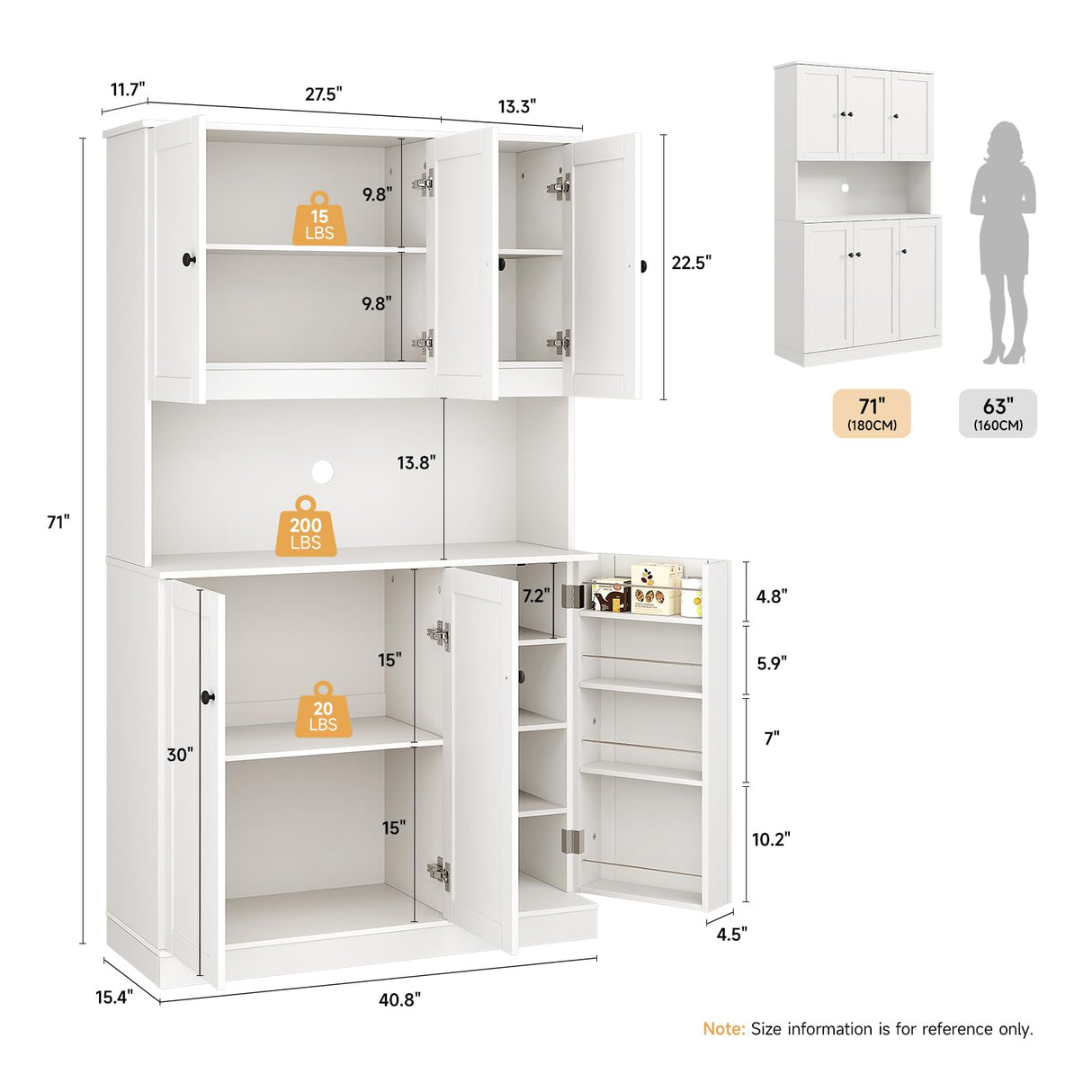ONBRILL 71" Tall Kitchen Pantry Storage Cabinet with Microwave Stand & Door Shelf, Freestanding Kitchen Hutch with 6 Doors and Adjustable Shelves, Modern Food Pantry for Kitchen, Dining Room, White ONBRILL