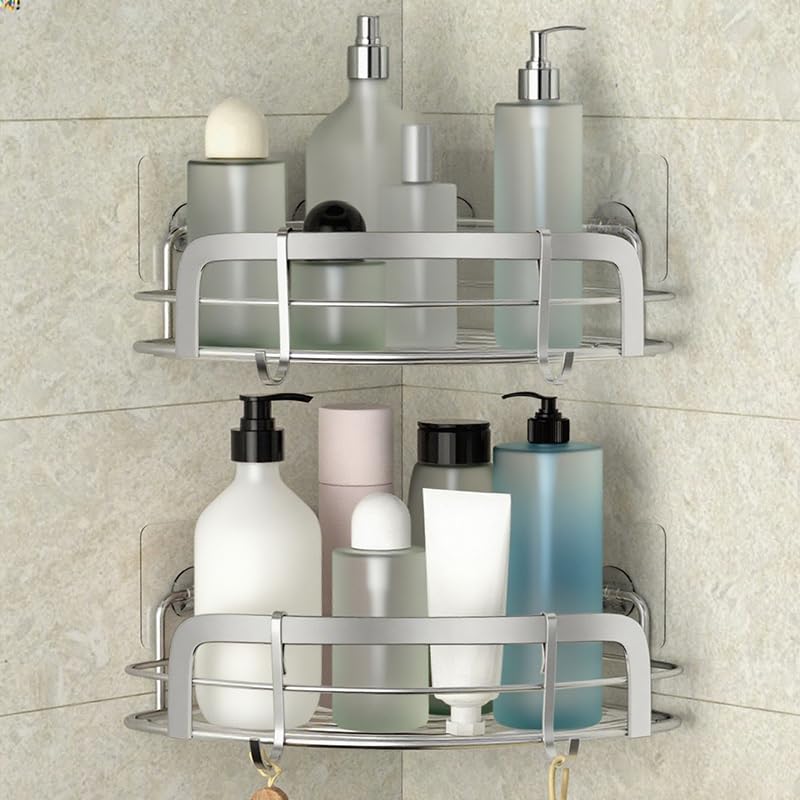 STEUGO 2 Pack Shower Caddy Corner, Bathroom Corner Shower Shelfs, Adhesive Wall Mounted Shower Caddy with 4 Movable Hooks, No Drilling Shower Shelf, Stainless Steel Silver. STEUGO