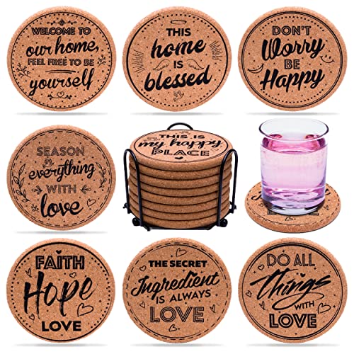 Coasterlux Cork Coasters for Drinks Absorbent with Holder - Cute & Funny Set of 8 Large Round Outdoor Cup Wooden Table Protection, Coffee Trivet, Cups and Mugs Cool Drink Coaster Gift Coasterlux