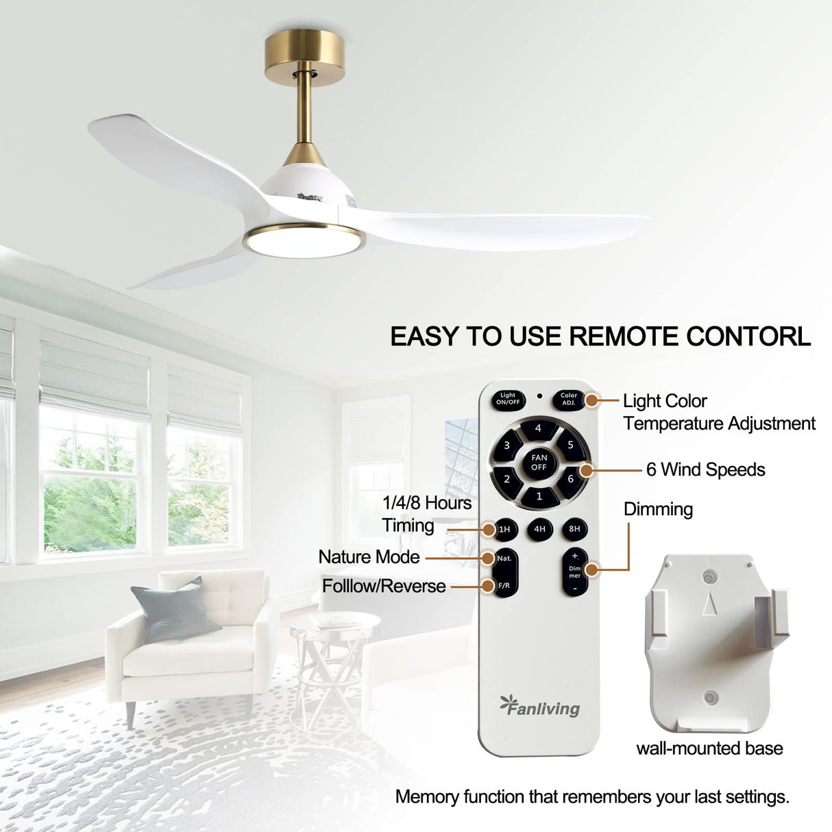 Fanliving 52 Inch 6 Speed High CFM Quiet DC Motor Modern Ceiling Fan with Lights Remote Control, 3 Blade White Gold Indoor Bedroom Living Room Ceiling Fan Fanliving