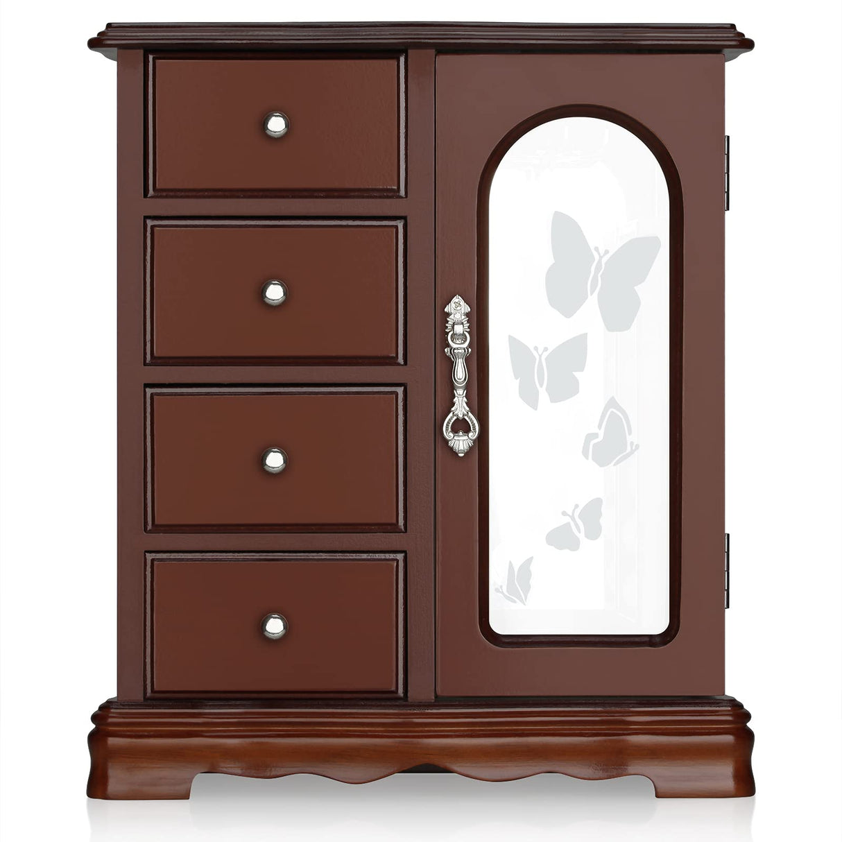 RR ROUND RICH DESIGN Jewelry Box - Made of Solid Wood with 4 Drawers Organizer and Built-in Necklace Carousel and Large Mirror Brown RR ROUND RICH DESIGN