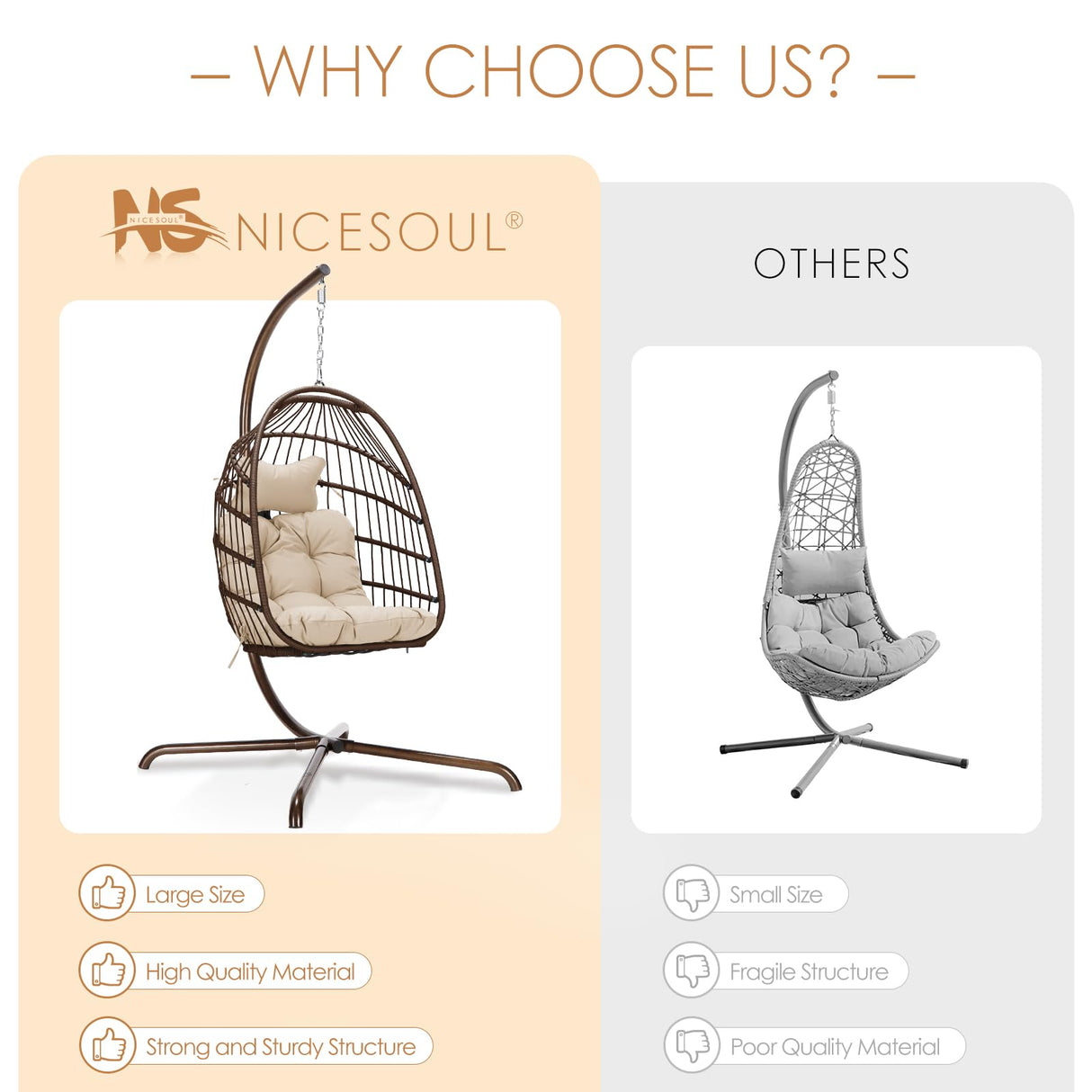 NICESOUL Swing Egg Chair with Stand Indoor Outdoor, Comfy Rattan Patio Basket Hanging Chair with Cushion & Pillow, 350lbs Weight Capacity Egg Hammock Chairs with Base for Bedroom Balcony, Brown NICESOUL