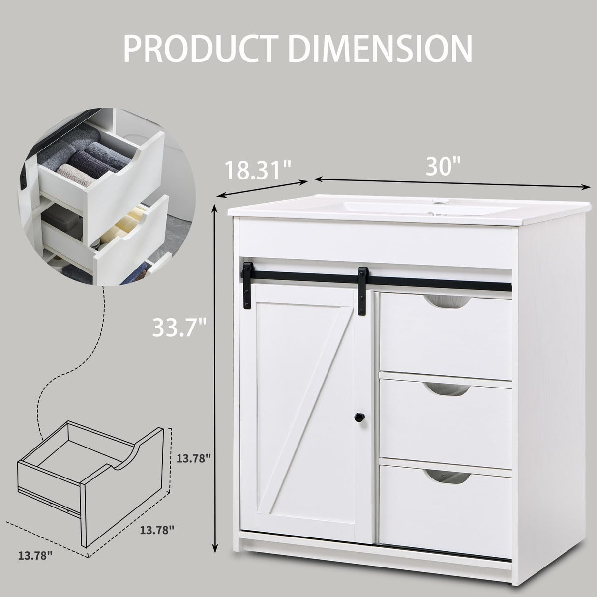 30" Farmhouse Bathroom Vanity with Sink, Bathroom Vanity w/Sliding Barn Door, Modern Bathroom Cabinet w/3 Drawers & Adjustable Shelves,Floor Standing Bathroom Vanity w/Metal Handle, White Aitjunz