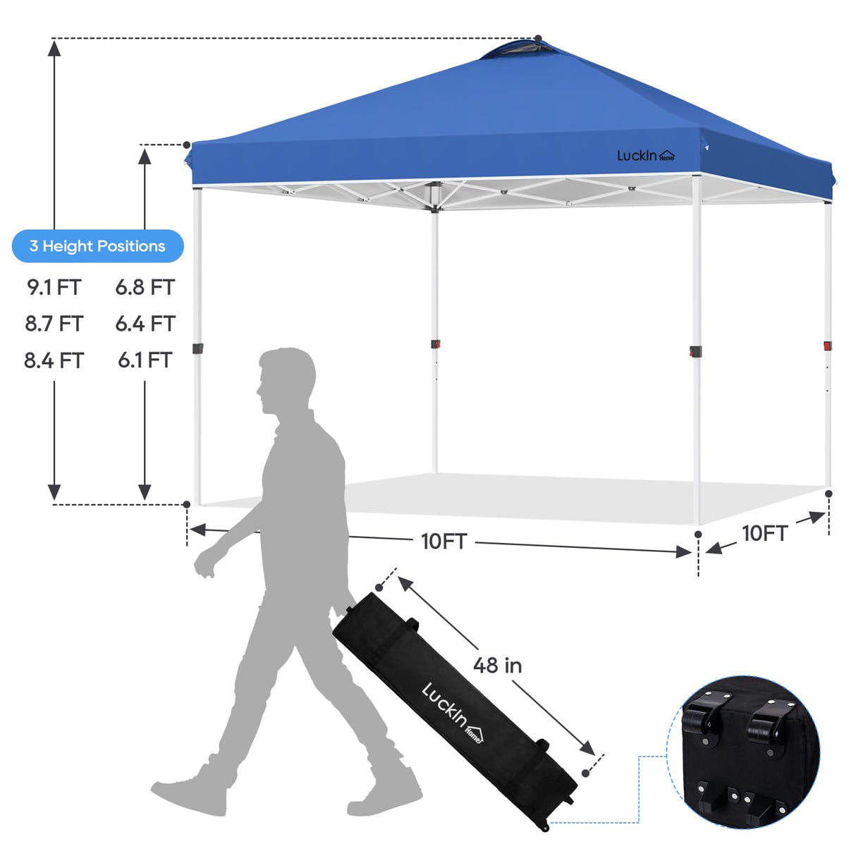 LuckIn 10×10 Pop Up Canopy Tent, Patented One Push Instant Canopy with Wheeled Carry Bag, Heavy Duty Shade Tent for Outdoor, Includes 150D Silver Coated Cover, 8 Stakes, 4 Ropes, 4 Weight Bags, Blue LuckIn