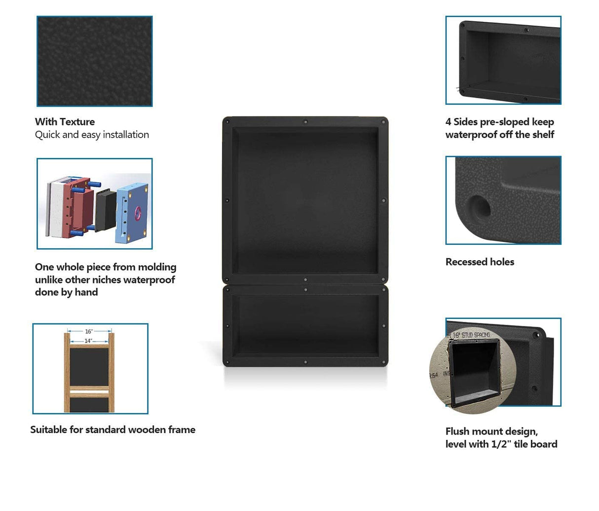 Zigzag Easy Installation Waterproof Double Recessed Shower Shelves Niche, ABS Plastics Bathroom Shower Niche 16 × 24 Inches for Shampoo, Soap and Foot Rest Zigzag