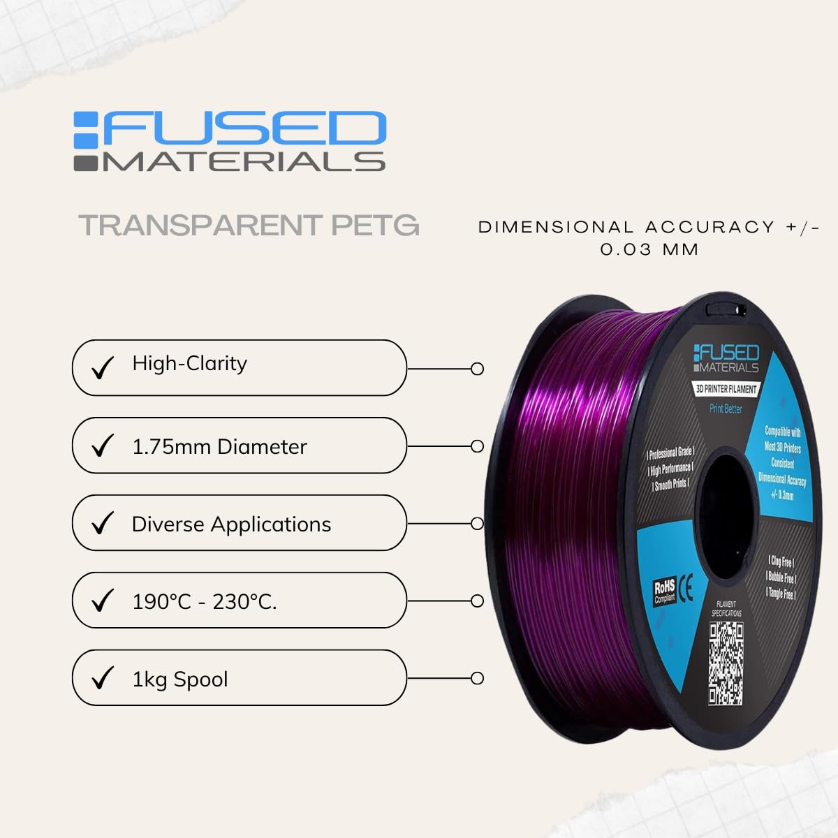 Fused Materials PETG 3D Printer Filament Fused Materials - 1kg Spool, 1.75mm, Dimensional Accuracy +/- 0.03 mm FUSED MATERIALS