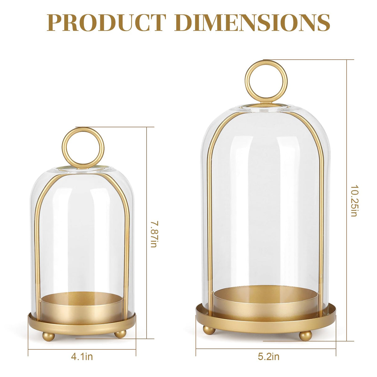 Versatile Metal Candle Holder Set with Handmade Glass Dome,Antique Brass Pillar Candle Stand, 5.2" & 4.1" Wide for Tabletop or Hanging, Industrial & Farmhouse Decor SHOHAYTO