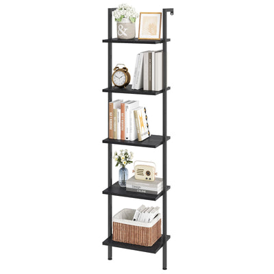ELYKEN Ladder Shelf, 5-Tier Wood Wall Mounted Bookshelf with Metal Frame, Vintage Open Display Organizer Rack, Leaning Storage Shelves for Living Room, Bedroom, Home Office, Black
