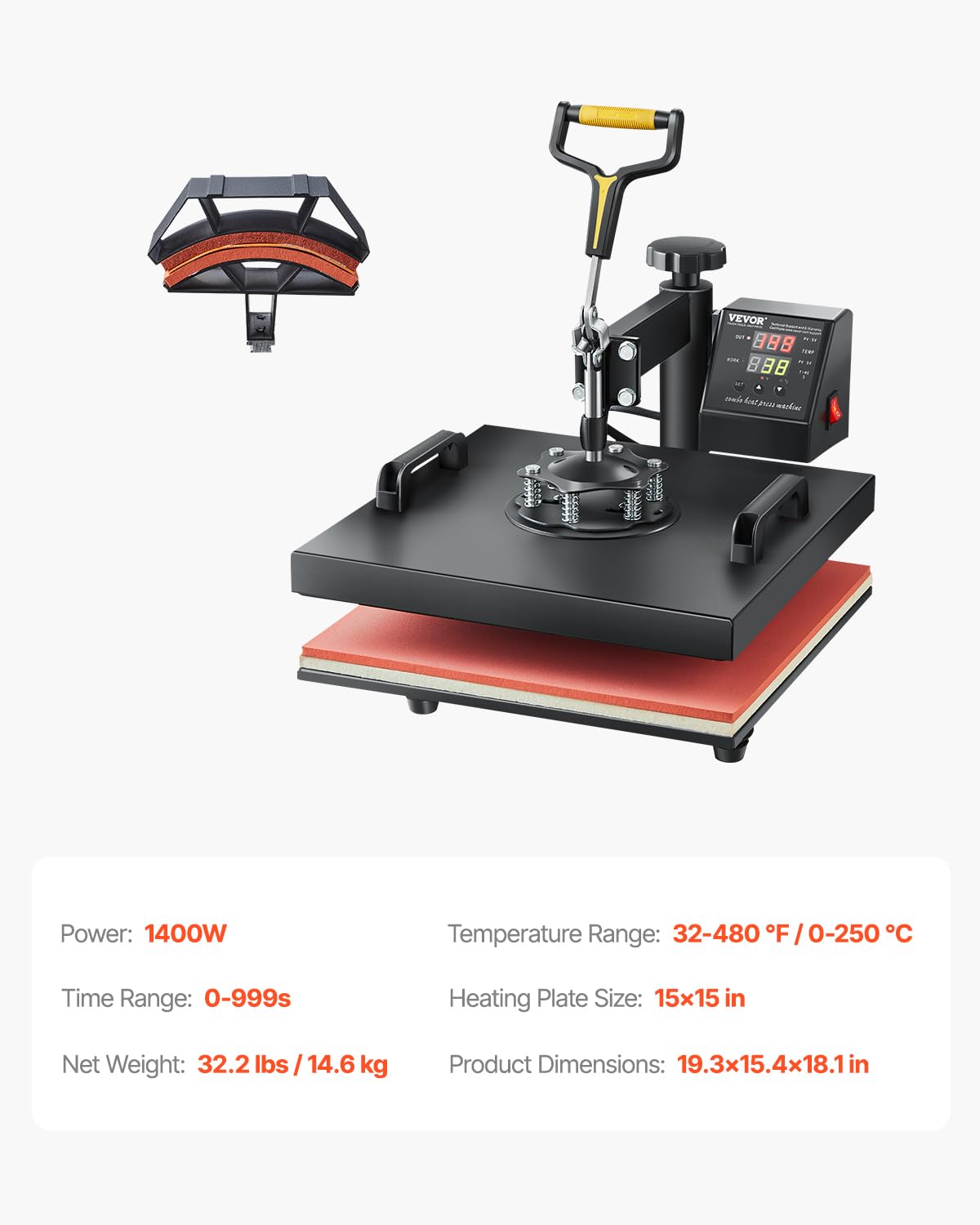 VEVOR 2 in 1 Heat Press Machine for T Shirts and Hats, 15x15 Inch Professional Swing Away Digital Tshirt Press Machine for Sublimation, Vinyl, Heat Transfer Projects VEVOR
