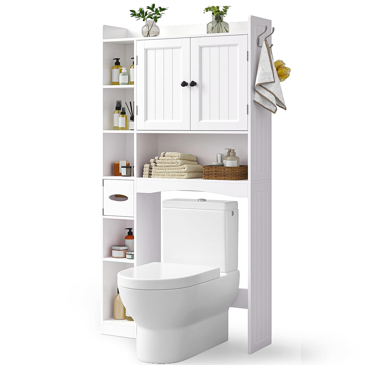 Gizoon Over The Toilet Storage Cabinet, 66''H Over Toilet Bathroom Organizer, Over Toilet Storage Cabinet with 2 Doors, Paper Holder and Racks, Adjustable Shelf, for Bathroom, Laundry, White Gizoon