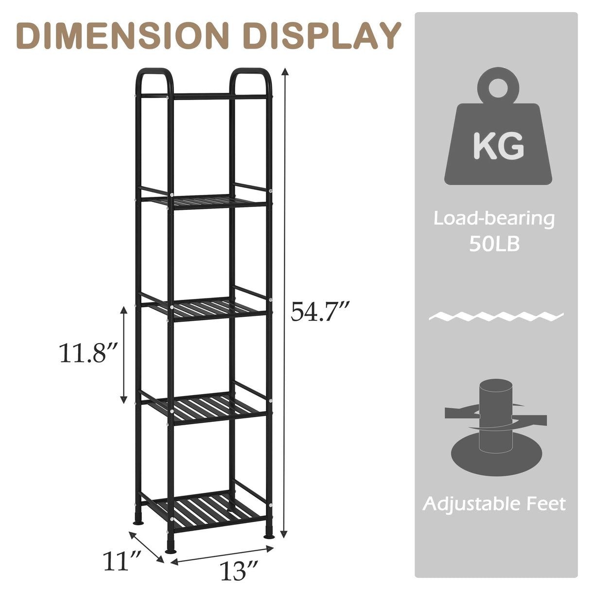 JSB 5 Tier Narrow Bathroom Shelving Unit, Kitchen Storage Rack Organizer Metal Corner Shelf for Living Room Laundry Pantry (Matte Black, 5 Tier) JSB