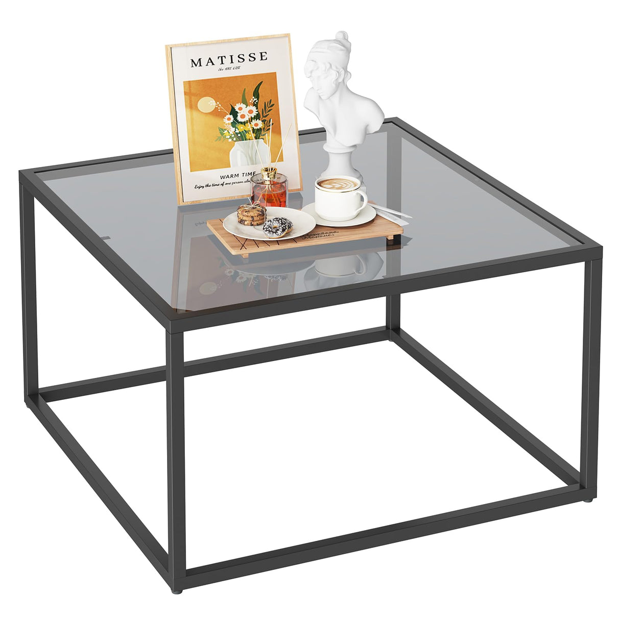 YMYNY Glass Coffee Table, Tempered Glass Square Coffee Tables with Metal Frame, Unique Modern Table for Living Room Home Office 26.77" x 26.77" x 15.75", Black Grey, UHCT001H YMYNY