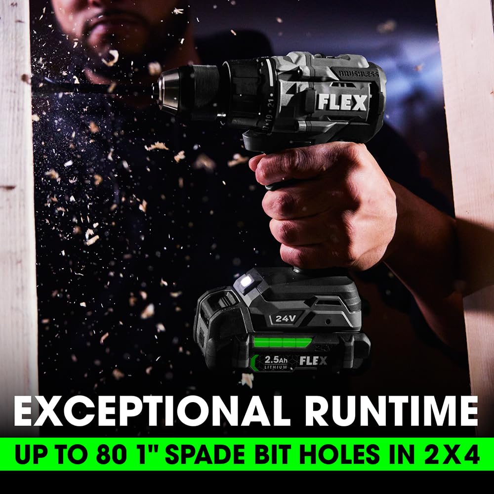 FLEX 24V Brushless Cordless 4-Tool Combo Kit: Drill Driver, Impact Driver, Reciprocating Saw, Work Light with (2) 2.5 Ah Lithium Batteries and 160W Fast Charger - FXM401-2A FLEX