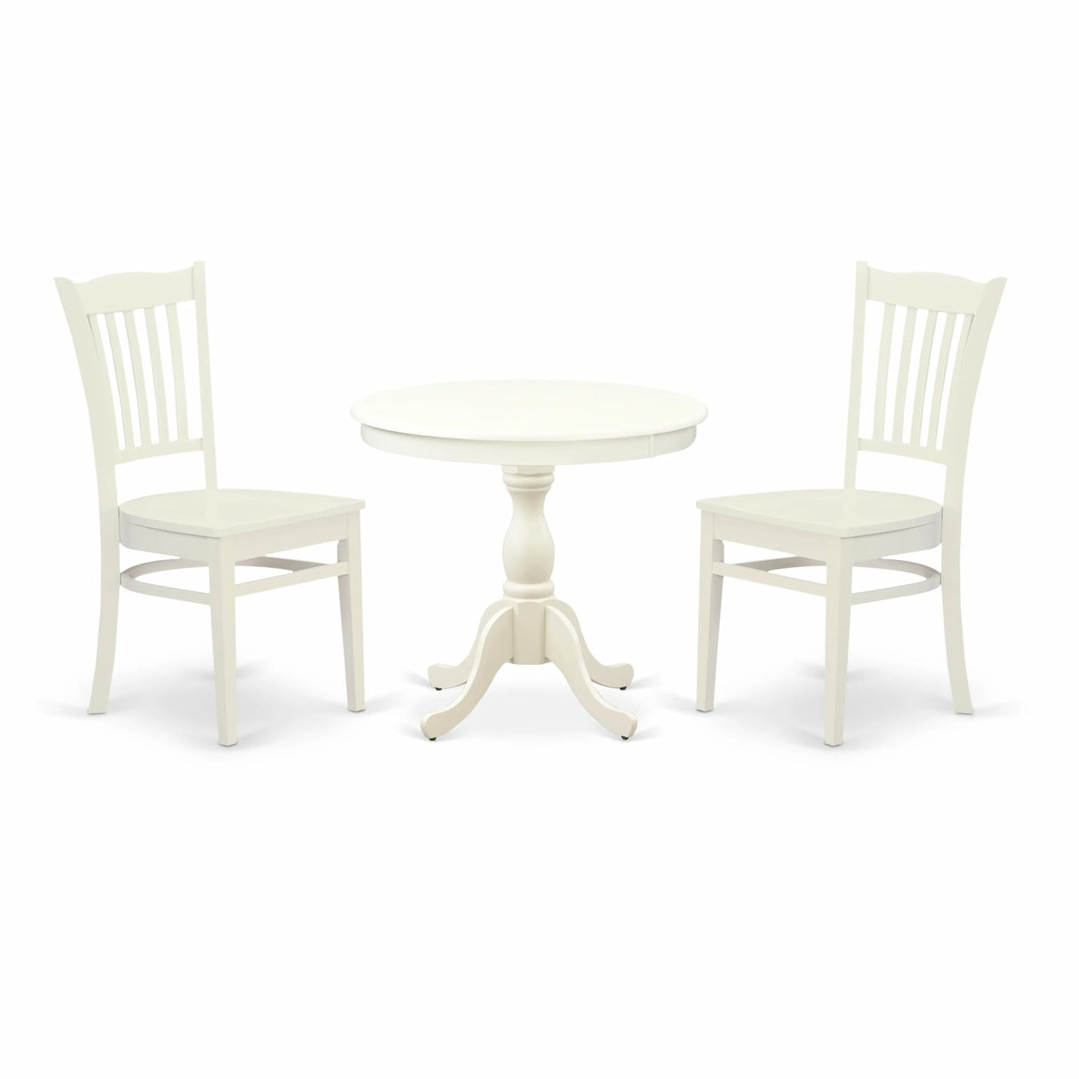 East West Furniture AMGR3-LWH-W 3 Piece Dinette Set for Small Spaces Contains a Round Kitchen Table with Pedestal and 2 Dining Room Chairs, 36x36 Inch, Linen White East West Furniture