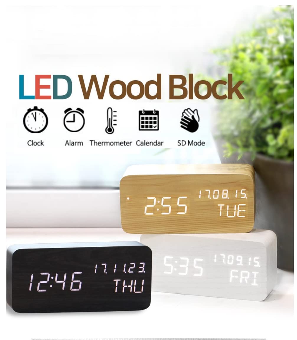 Pokanic Wood Digital Alarm Clock Desk Time, Date(MM/DD/YY), Day of The Week, Temperature, Nightlight Large LED Display Portable Lamp Bedroom, Office, School, Home, Livingroom, Room (Bamboo) Pokanic