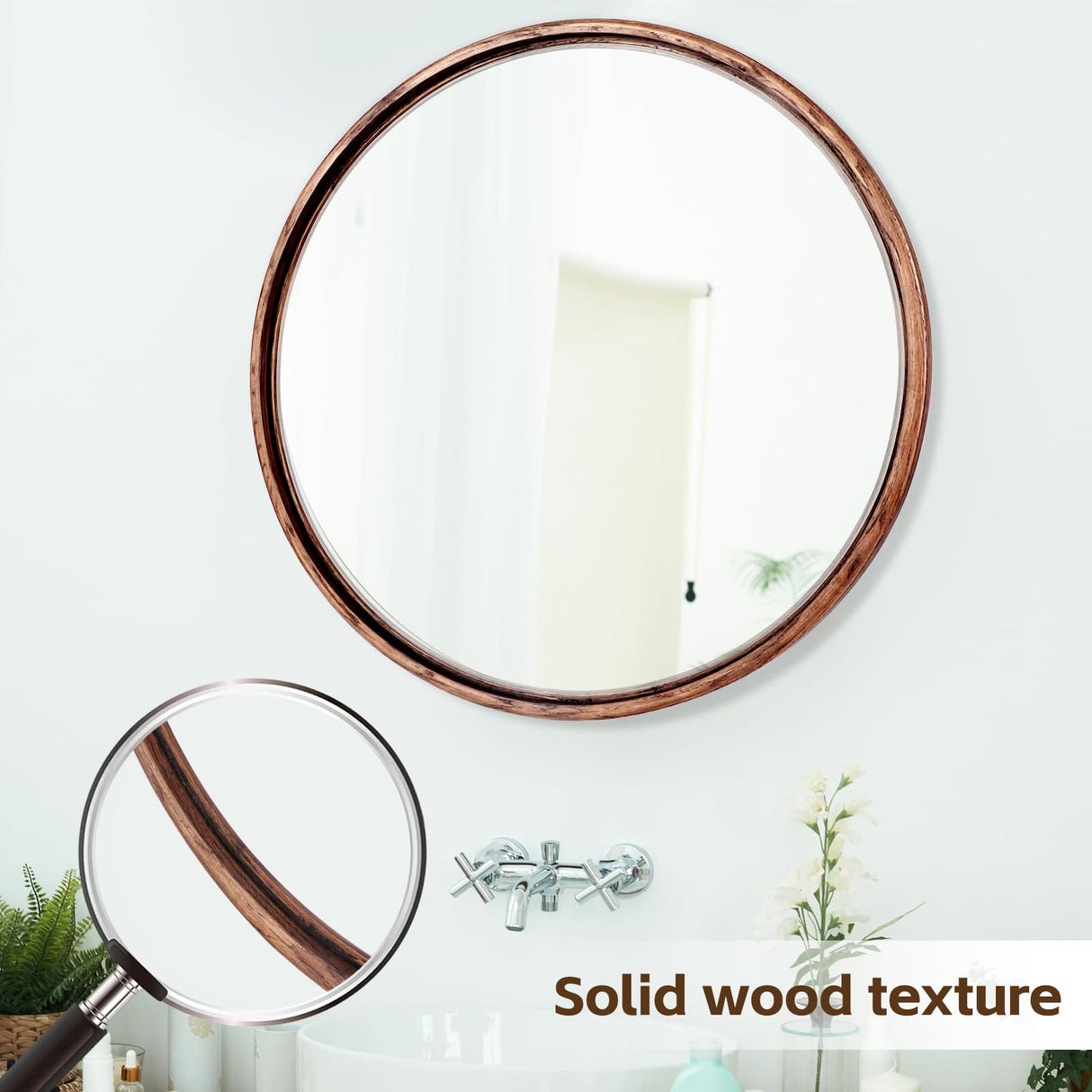 EssOAKence Round Solid Oak Wood Mirror, 24x24 Inch Medium Size, Walnut Frame, Modern Decorative Wall Makeup Mirror for Bathroom, Bedroom, Living Room(Walnut, 24" x 24") EssOAKence