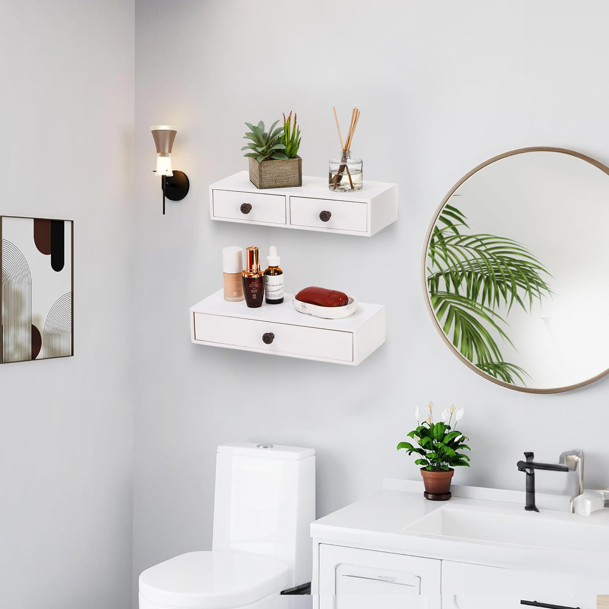 Yesland 2 Packs Floating Nightstand with Drawer - Rustic Wood Floating Wall Mounted Drawers Floating Shelf with Drawer for Living Room, Bedroom, Kitchen, Wall Decor, Storage, Display - White Yesland