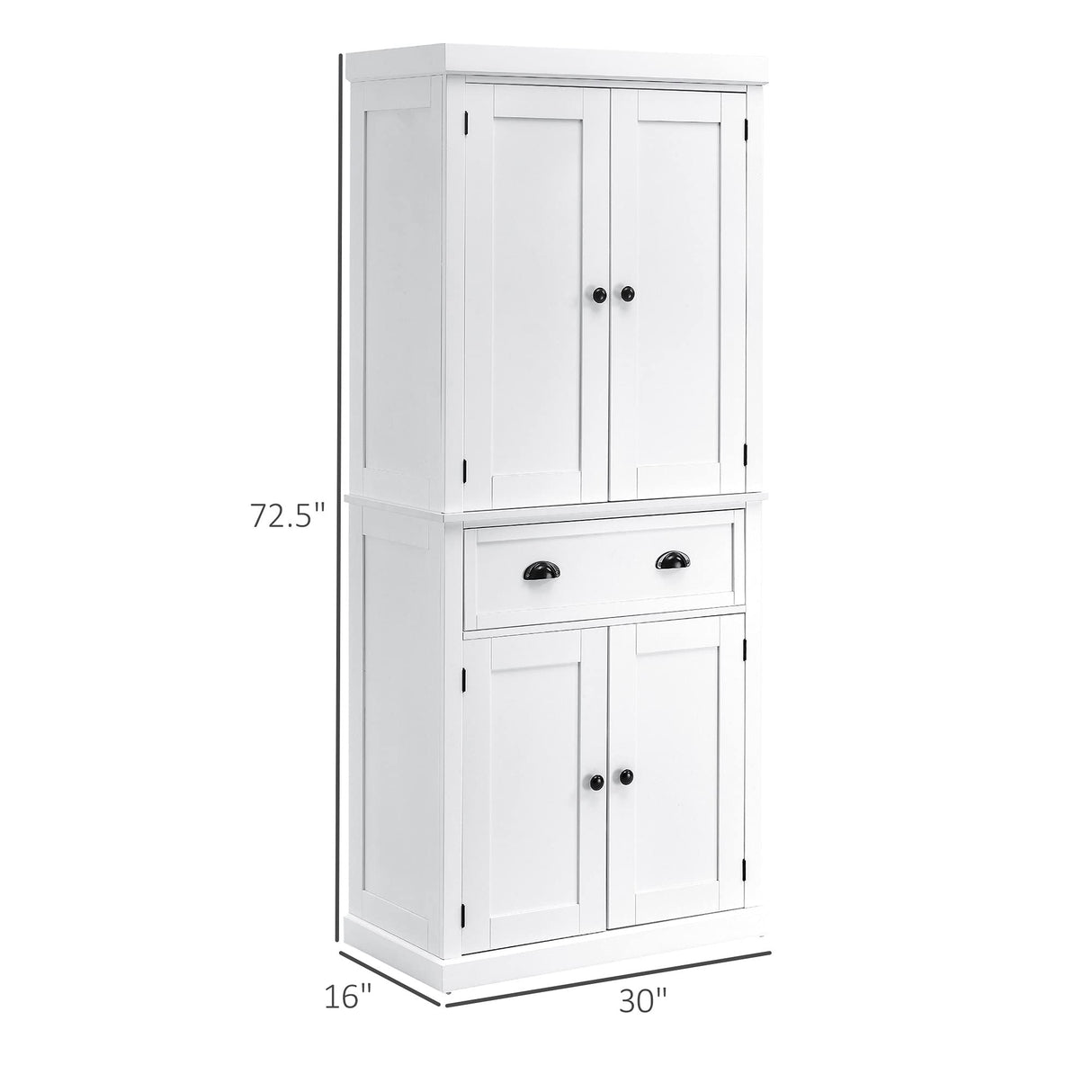 HOMCOM 72.5" Kitchen Pantry Cabinet, Traditional Freestanding Storage Cabinet with 4 Doors, Drawer and 3 Adjustable Shelves for Dining Room, White HOMCOM