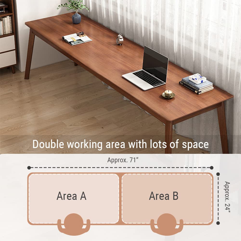 NELYE Mid-Century Long Desk Table - 71" Simple Modern Extra Long 2-Person Wood Computer Workstation for Home Office Work in Walnut, 71" W x 24" D NELYE