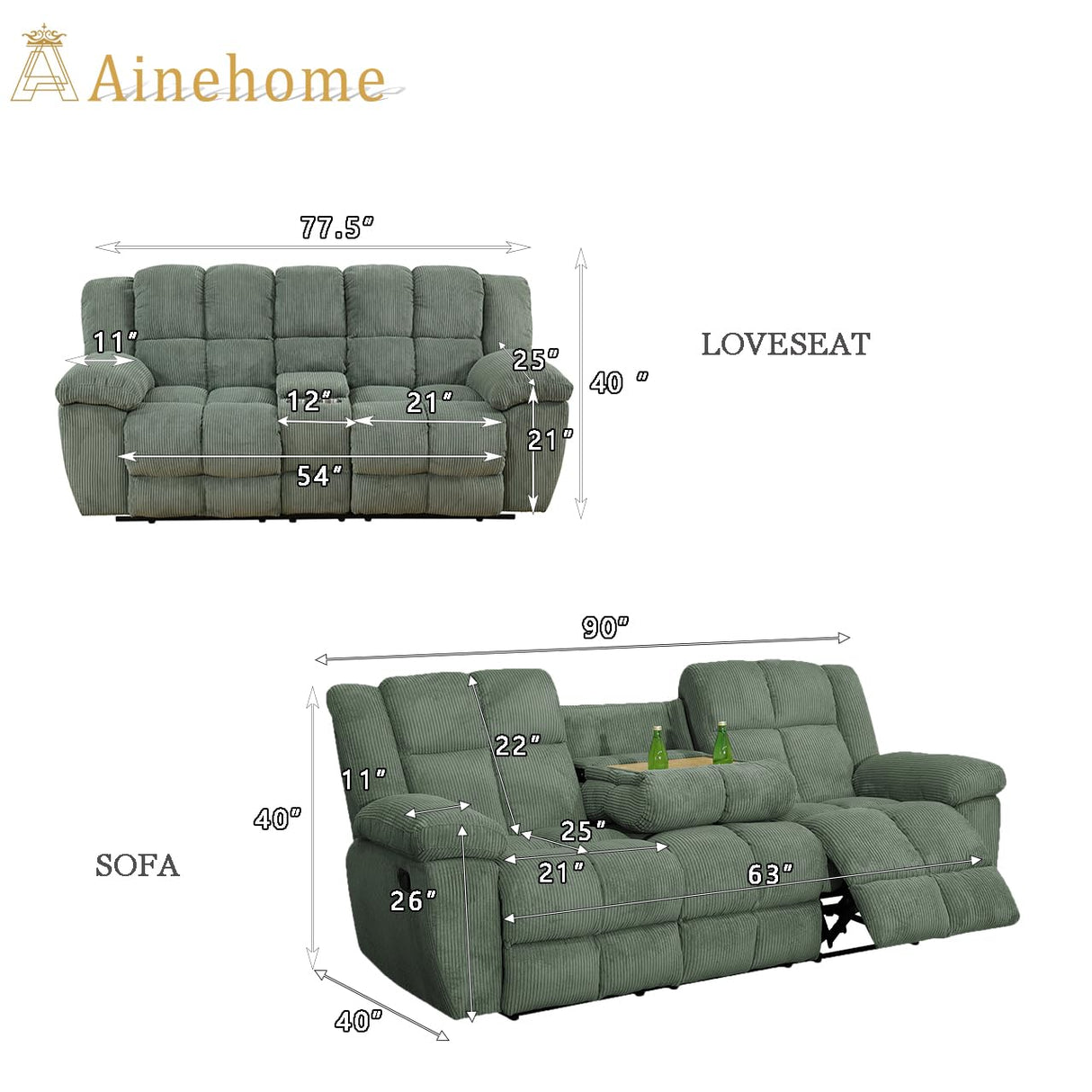 A Ainehome Manual Recliner Sofa Set, Corduroy Recliner Chair, Modern Loveseat Sofa, Modern Reclining Sofa Couch and Recliner Couches for Living Room/Office(Sofa+Loveseat, Green) A Ainehome
