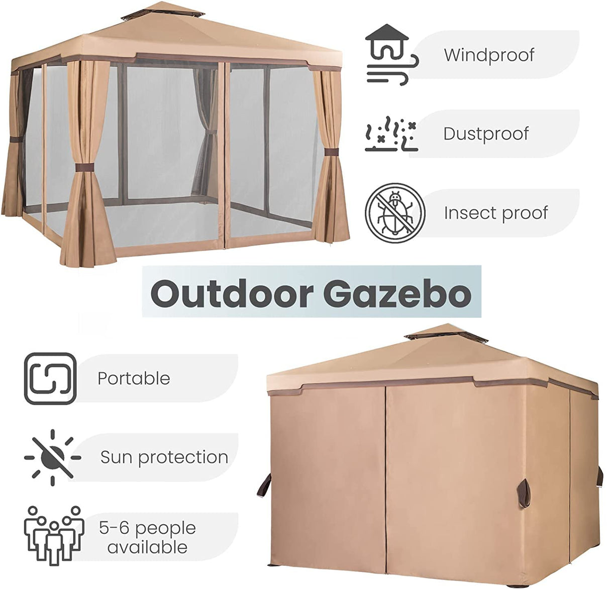 SUNCROWN 10 x 10 FT Outdoor Gazebo for Patio Iron Frame Garden Permanent Gazebo with Vented Soft Canopy and Mosquito Netting, Khaki SUNCROWN