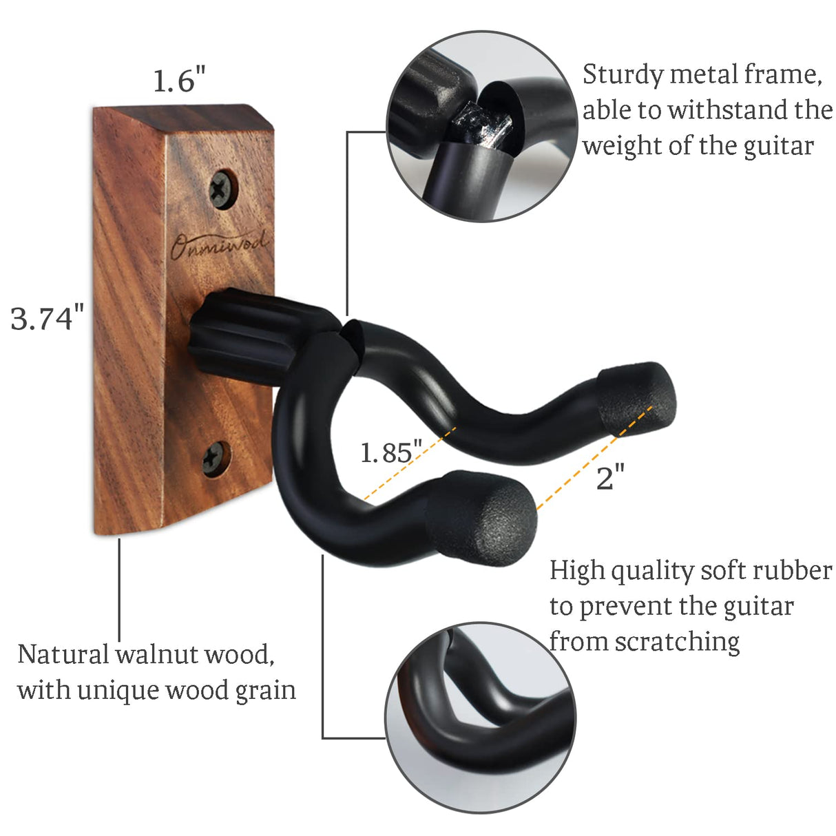 Onmiwod Guitar Wall Mount, Black Walnut Wood Guitar Hanger, U-Shaped Guitar Wall Hanger Mount, Guitar Holder Hook Stand Wall for Acoustic, Electric Guitar, Banjo, Bass, Gift for Guitar Player Men Boy Onmiwod