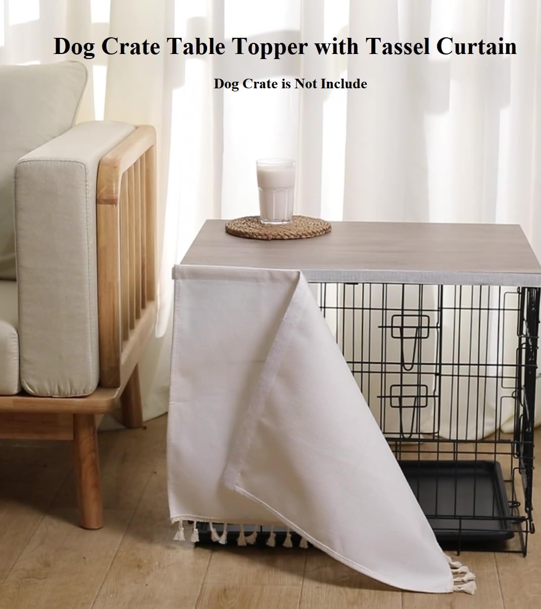 VIE DE AMAN Dog Crate Topper Wood for 48 42 36 24 inch Cages, Dog Crate Table Topper with Tassel Curtain, Rustic Style Dog Kennel Topper, Oak Grey(Dog Crate Not Include) VIE DE AMAN
