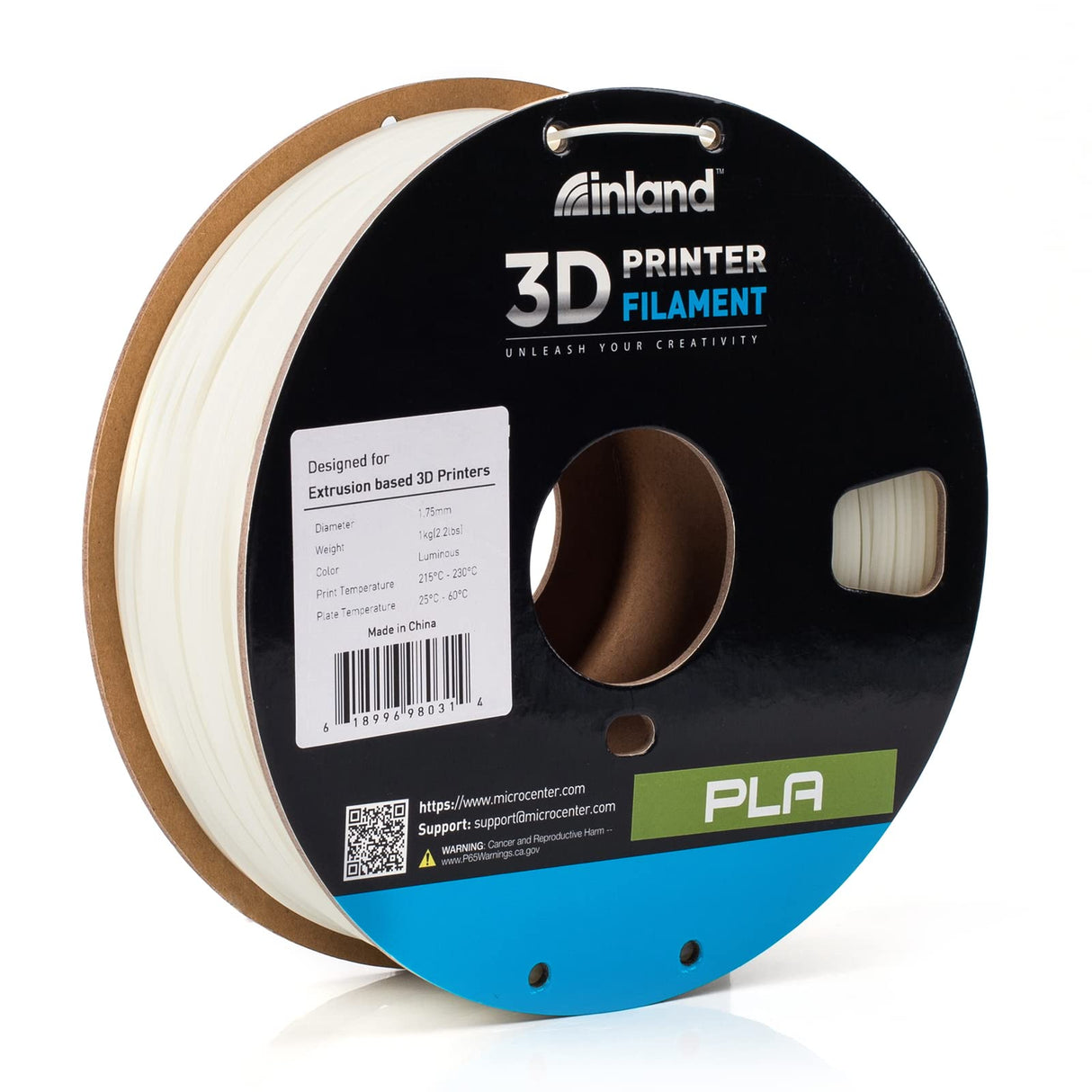 INLAND PLA Filament 1.75mm - Glow in The Dark Light Green PLA 3D Printer Filament, Dimensional Accuracy +/- 0.03mm - 1kg Cardboard Spool (2.2 lbs) – FDM 3D Printing INLAND