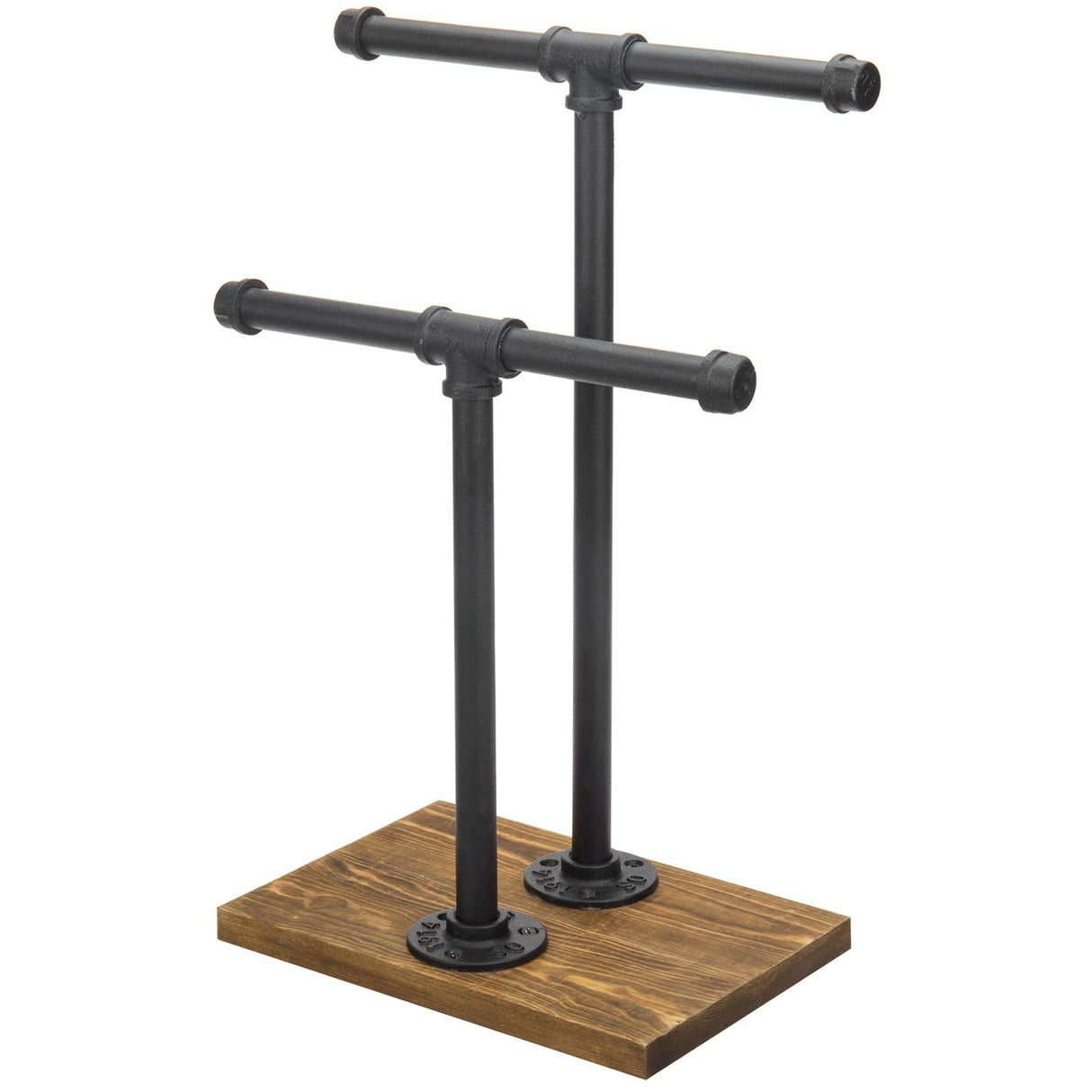 MyGift 2-Tier Urban Rustic Metal Industrial Pipe & Brown Wood T-Bar Necklace Jewelry Stand MyGift