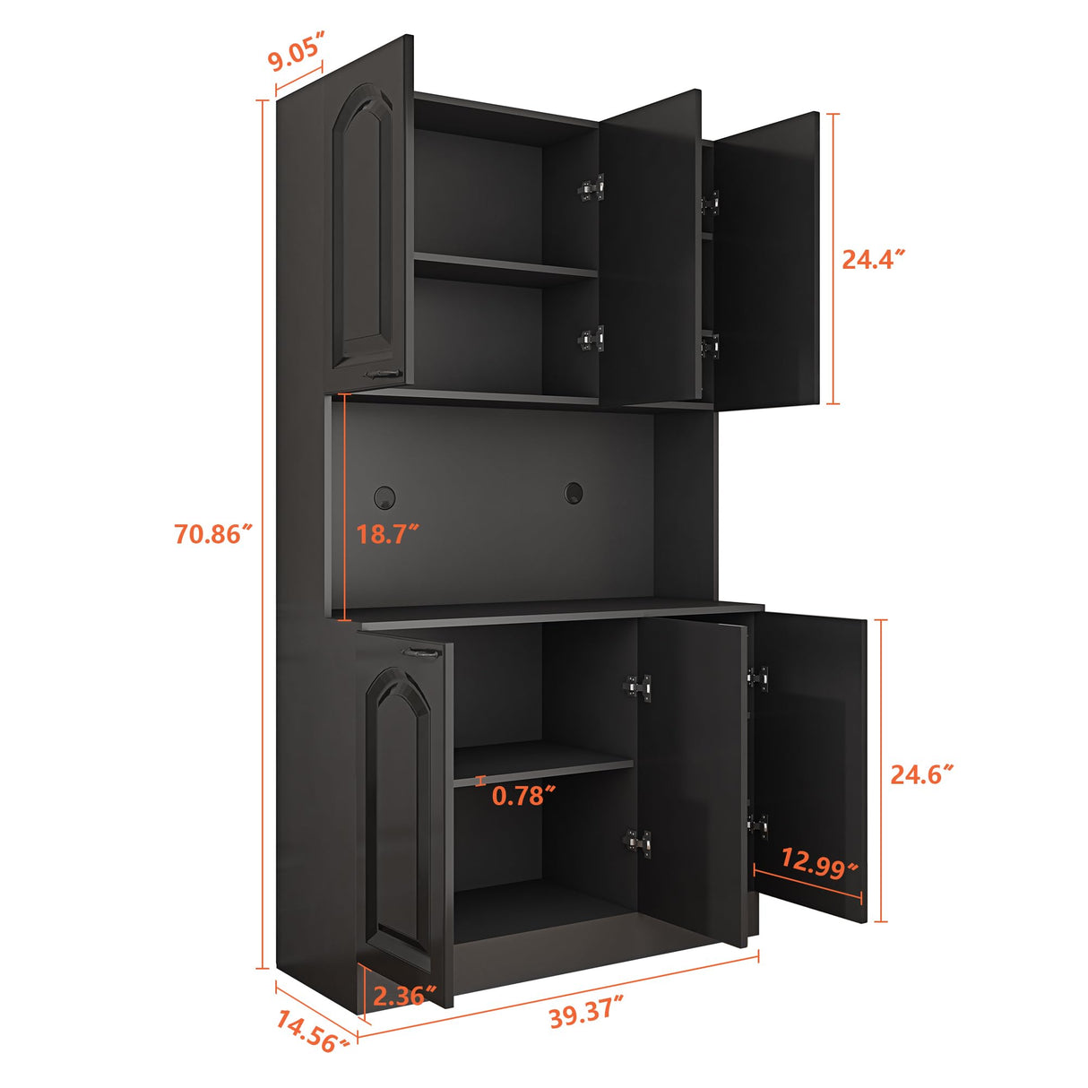 PHOYAL Kitchen Pantry, Kitchen Hutch Cabinet, Farmhouse Storage Cabinet Large Kitchen Pantry Storage Cabinet 71” Pantry Cabinet with 6 Doors and 1 Drawer for Kitchen Dining Room, Black PHOYAL