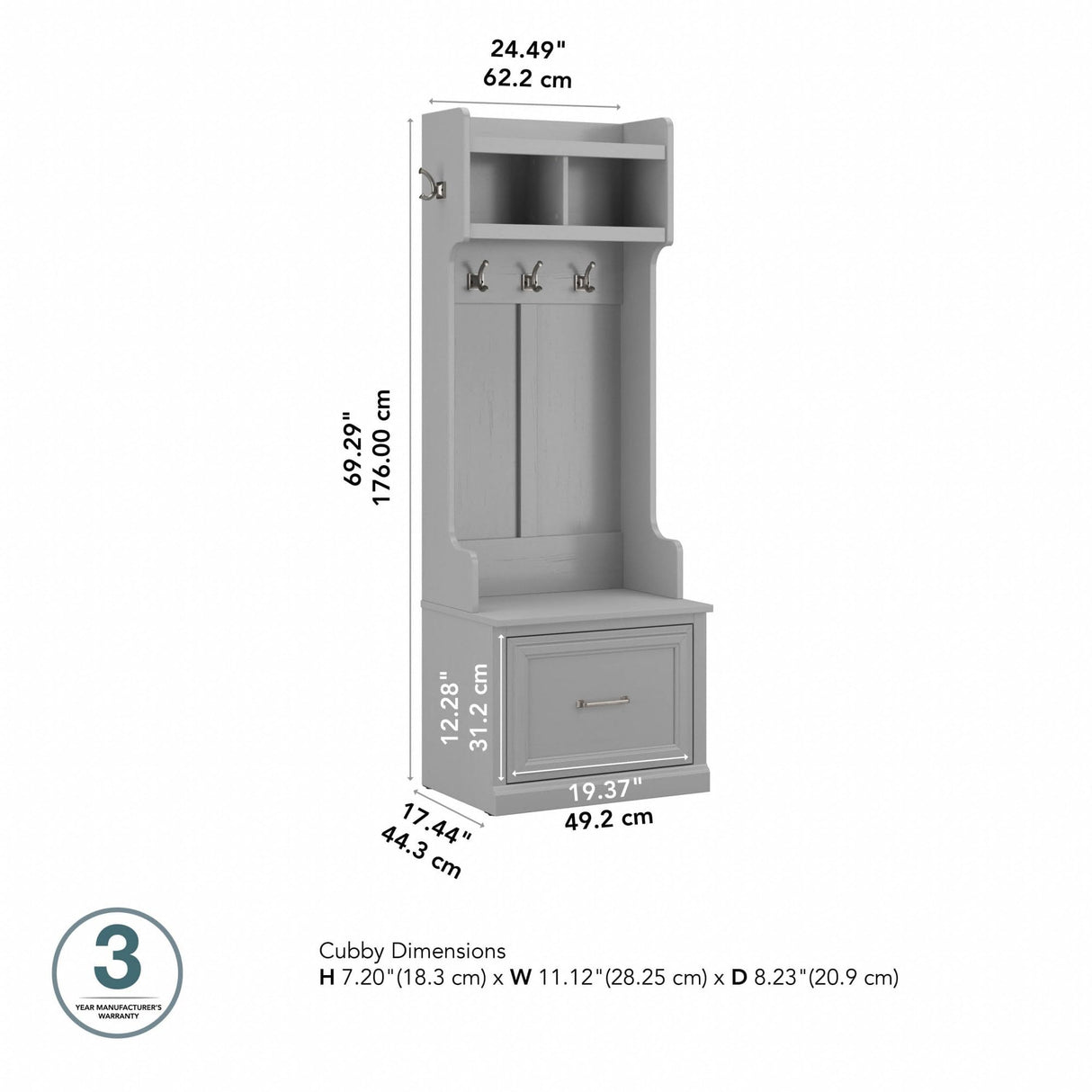 kathy ireland Home by Bush WDL007CG Woodland 69-Inch Coat Rack and Small Shoe Bench with Drawer and 2 Shelves, Cape Cod Gray Bush Business Furniture