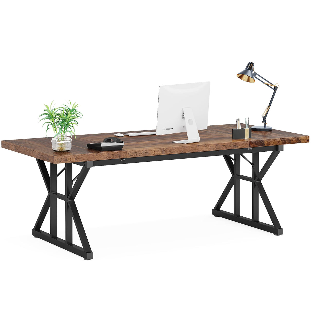 LITTLE TREE 70.8-Inch Large Executive Desk, Farmhouse Computer Office Desk, Wooden Work Desk Writing Table for Home Office, Brown-Black LITTLE TREE