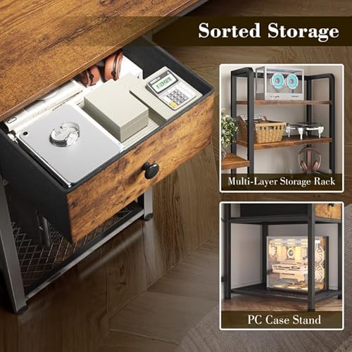 EnHomee 44 Inch Computer Desk with Hutch and Drawers,Reversible Home Office Desk with Monitor Shelf,Small Gaming Desks with USB Power Outlets,Writing Table for Office with LED Lights,Rustic Brown EnHomee