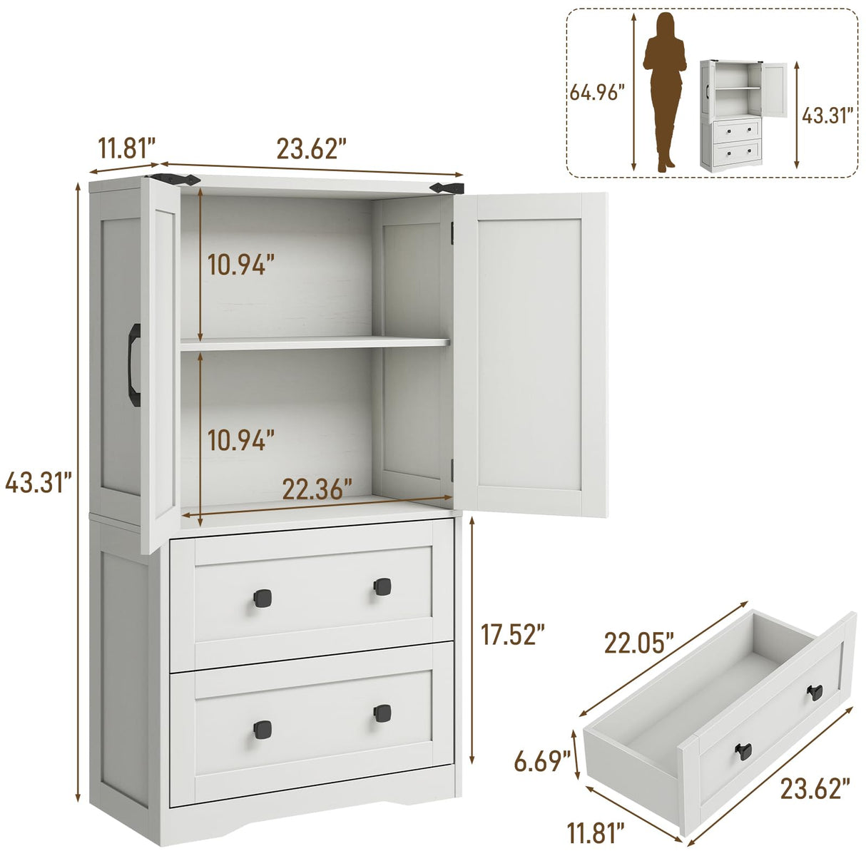 Farmhouse Bathroom Storage Cabinet with 2 Big Drawers and Barn Doors, Kitchen Pantry, Freestanding Storage Cabinet with Adjustable Shelves for Bathroom, Living Room, Kitchen.(Antique White) Befrases