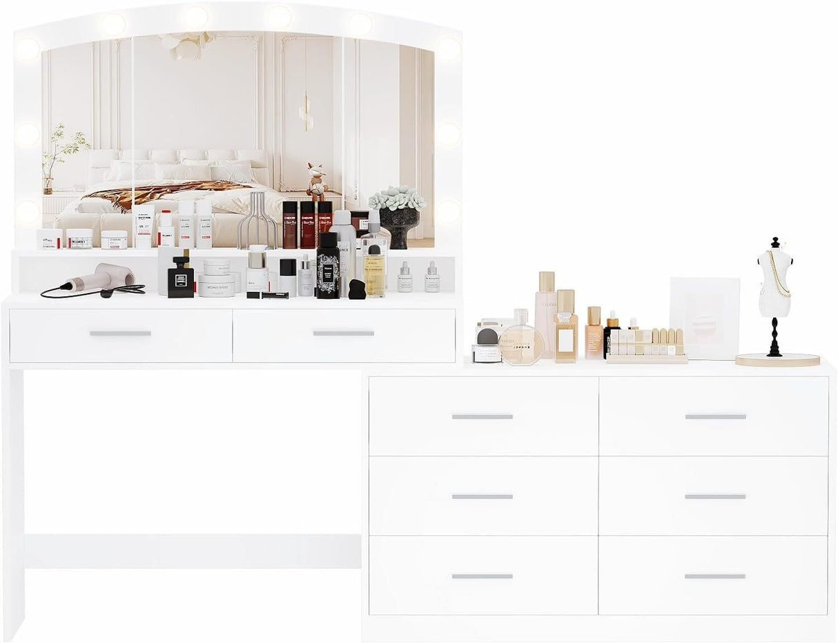 Irontar Vanity Desk with Large Mirror and 3-Color Lights, Makeup Vanity with 8 Drawers & Open Shelf, Side Cabinet with Width Adjustable, Makeup Table for Women, White WDT007W Irontar
