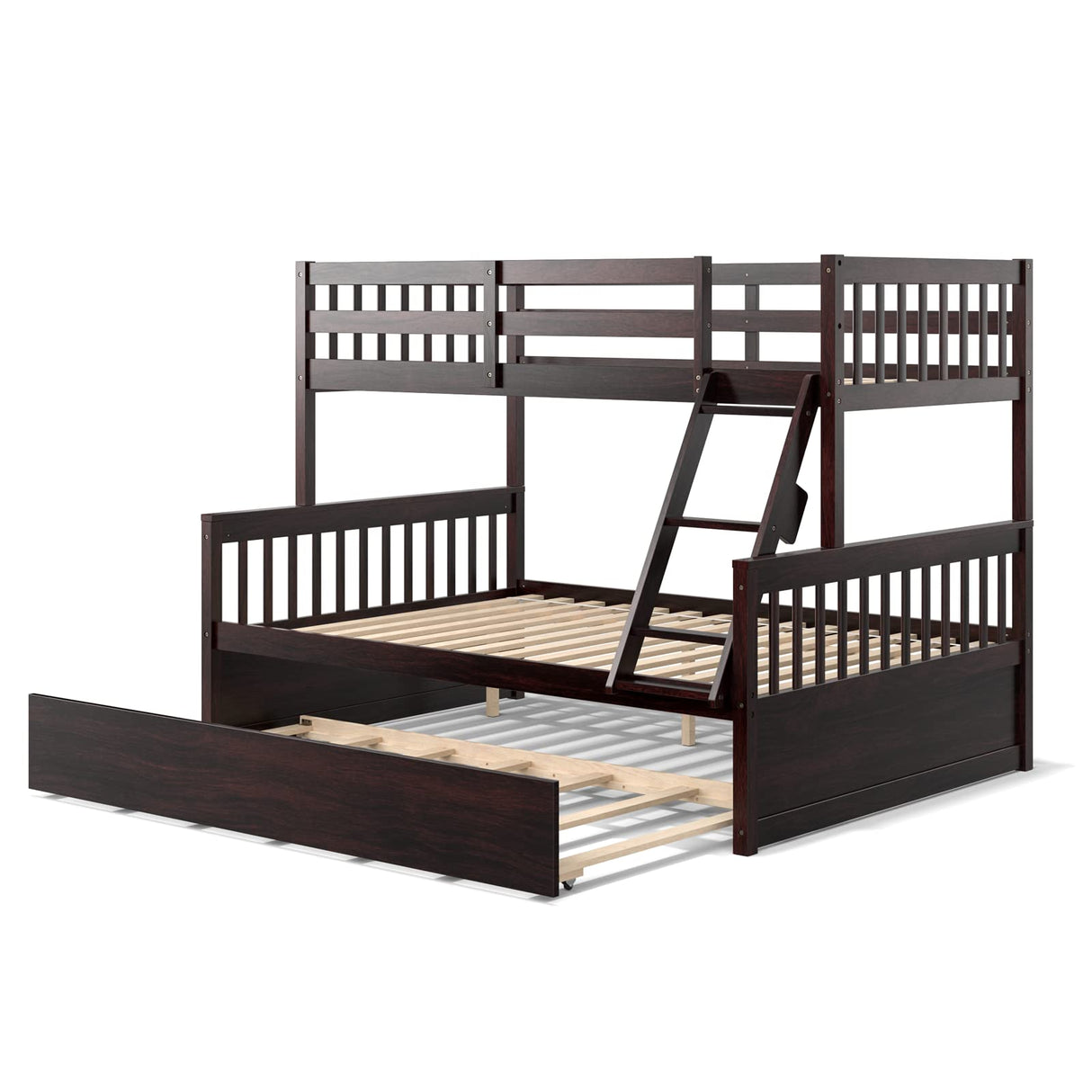 KOMFOTT Wood Twin Over Full Bunk Bed with Trundle, Bed Frame with Solid Pine Wood Frame, Space-Saving Bunk Bed with Ladder & Safety Guardrails, No Box Spring Needed KOMFOTT