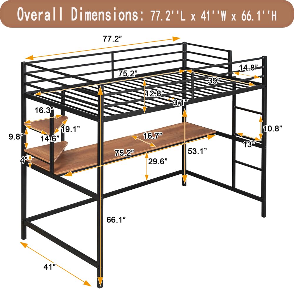HomJoones Loft Bed with Desk, Loft Bunk Bed Over Desk and Bookcase with Metal Frame, 12.8" H Safety Guardrail, Noise Free, No Box Spring Needed, Twin (Black) HomJoones