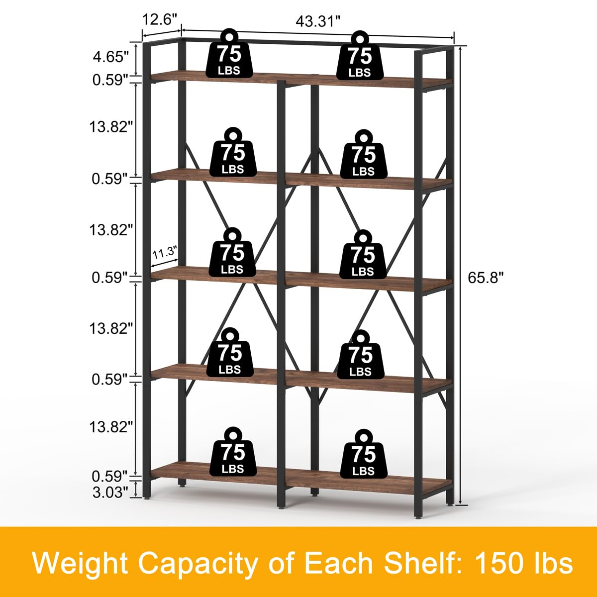 BON AUGURE Industrial Bookshelf, Bookcases and Bookshelves Etagere, Tall Large Farmhouse Book Shelves, 5 Tier Open Bookcase, Wood Metal Shelving Unit for Bedroom, Office (Rustic Oak) BON AUGURE