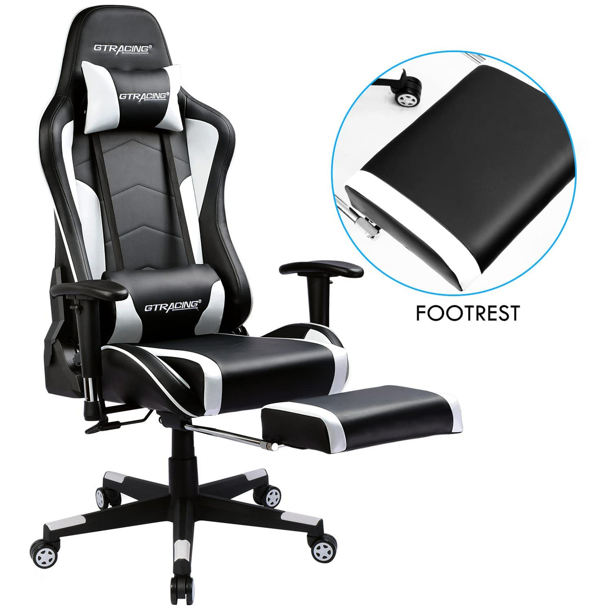 GTRACING Gaming Chair with Footrest Speakers Video Game Chair Bluetooth Music Heavy Duty Ergonomic Computer Office Desk Chair (White) GTRACING