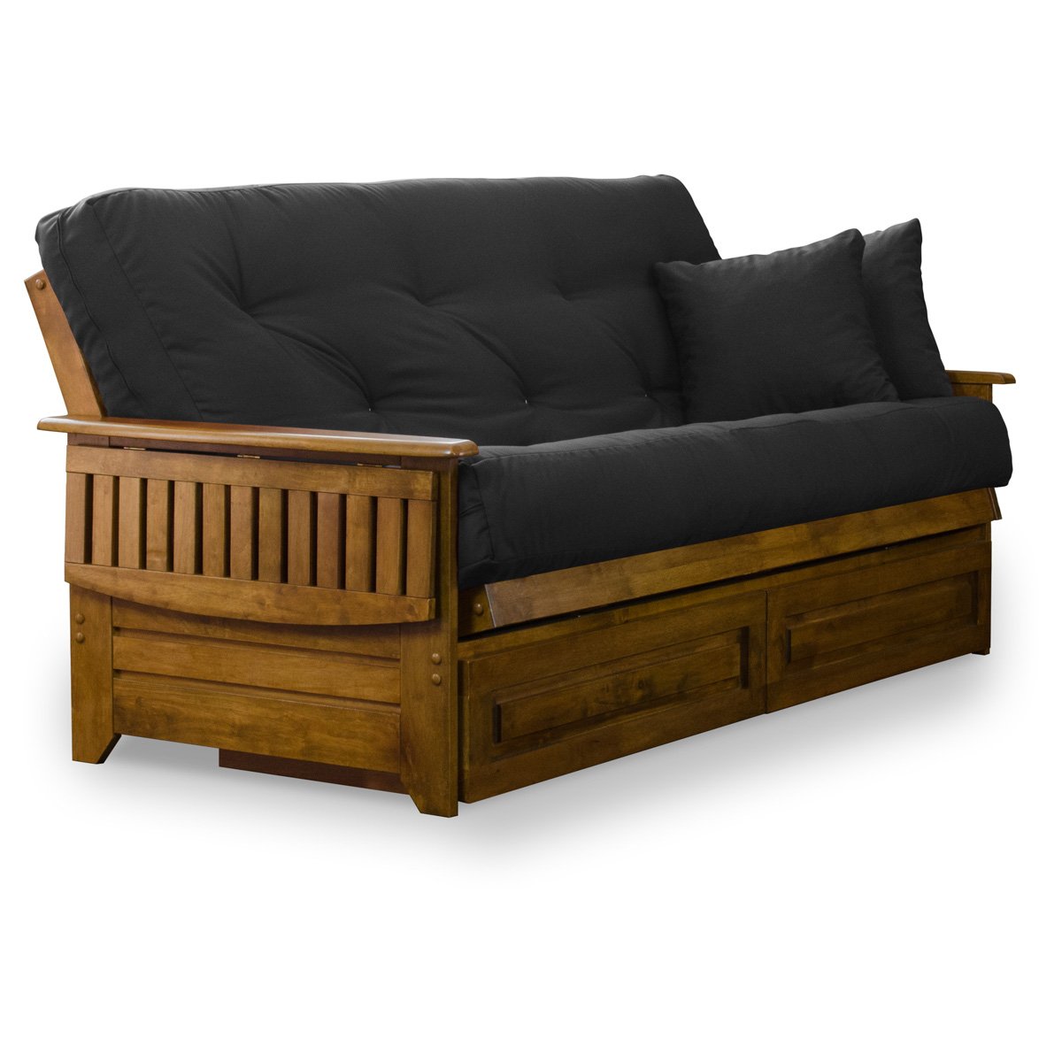 Nirvana Futons Brentwood Tray Arm Futon Frame, Drawers, and Black Mattress Set - Full, Rich Heritage Finish Nirvana Futons