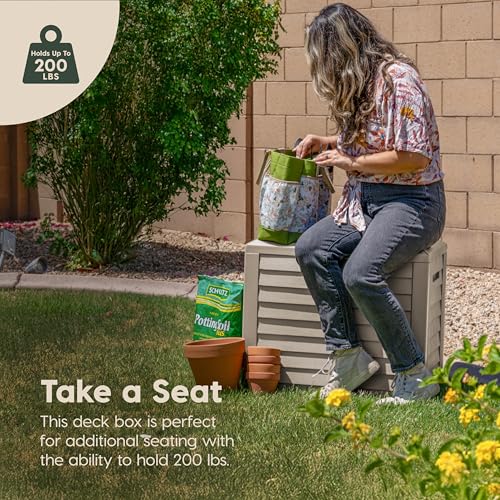 IRIS USA 35-Gallon Outdoor Deck Delivery Storage Box, Lockable & UV-Protected, Weather-Resistant Patio Storage for Cushions, Garden Tools & Packages, Waterproof Resin, Durable & Stylish Design - Beige IRIS