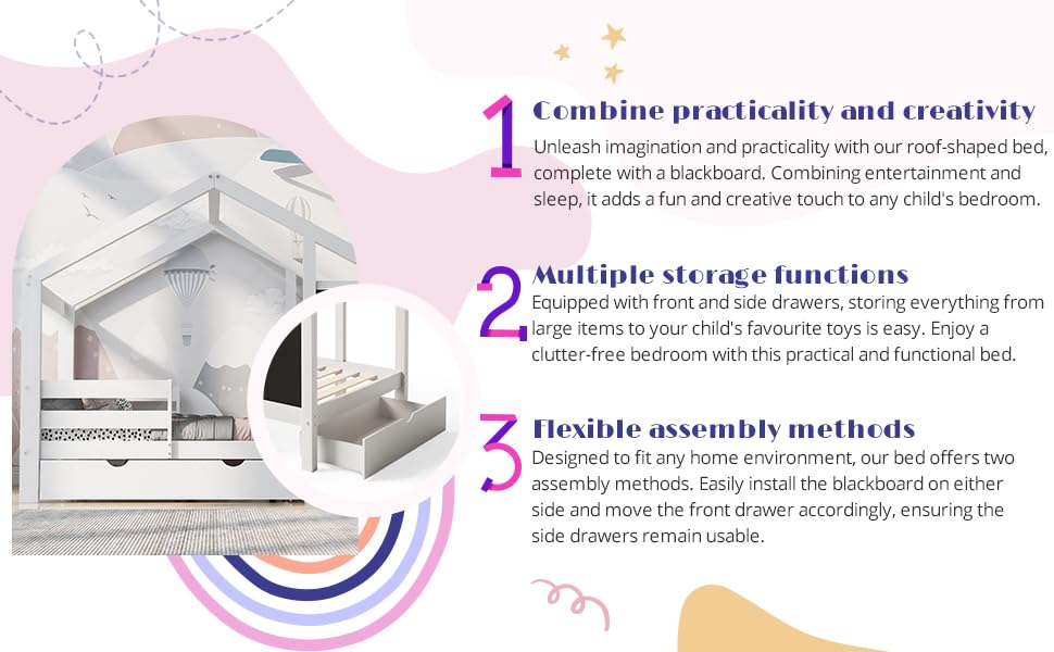 DNYN Twin Size House Bed with Storage Drawers and Blackboard Design, White DNYN