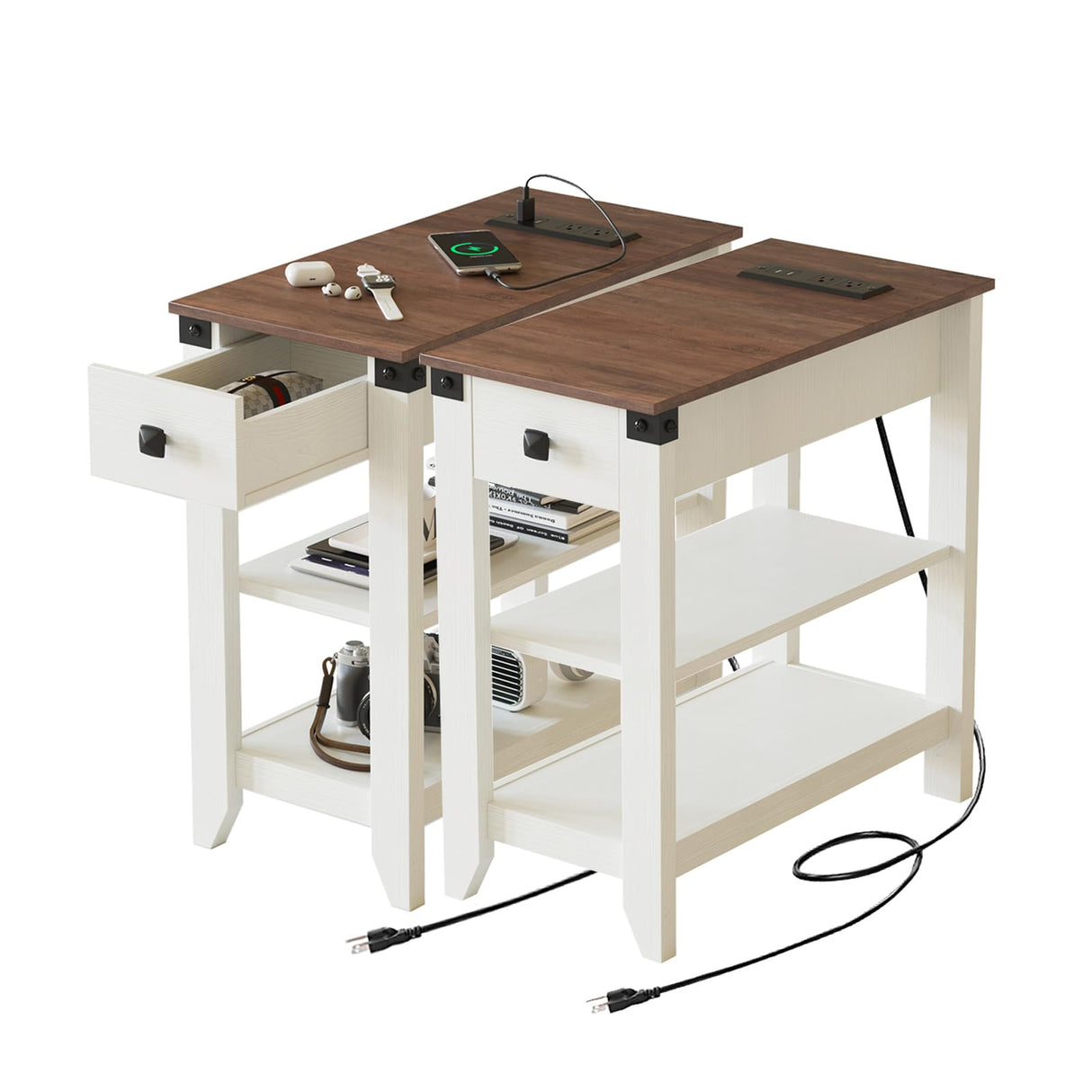 Fameill End Tables Living Room Set of 2, Narrow Side Table with Charging Station, Small Bedside Table for Small Space, Skinny Nightstand with Storage Drawer, White Fameill