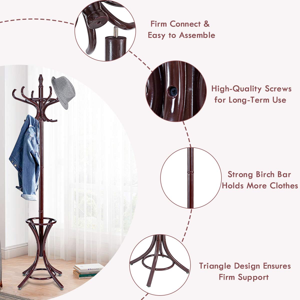 Tangkula 75.5" Standing Coat Rack, Wood Coat Tree with 12 Hooks, Home Hat Jacket Hanger Tree 12 with Umbrella Holder Coat Stand (Brown) Tangkula