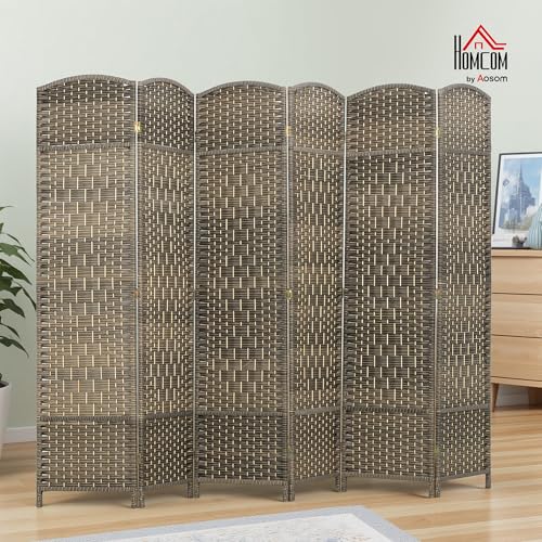 HOMCOM 6 Panel Room Divider, 6' Tall Folding Privacy Screen, Woven Freestanding Wall Partition for Home Office, Bedroom, Dark Rustic Oak HOMCOM