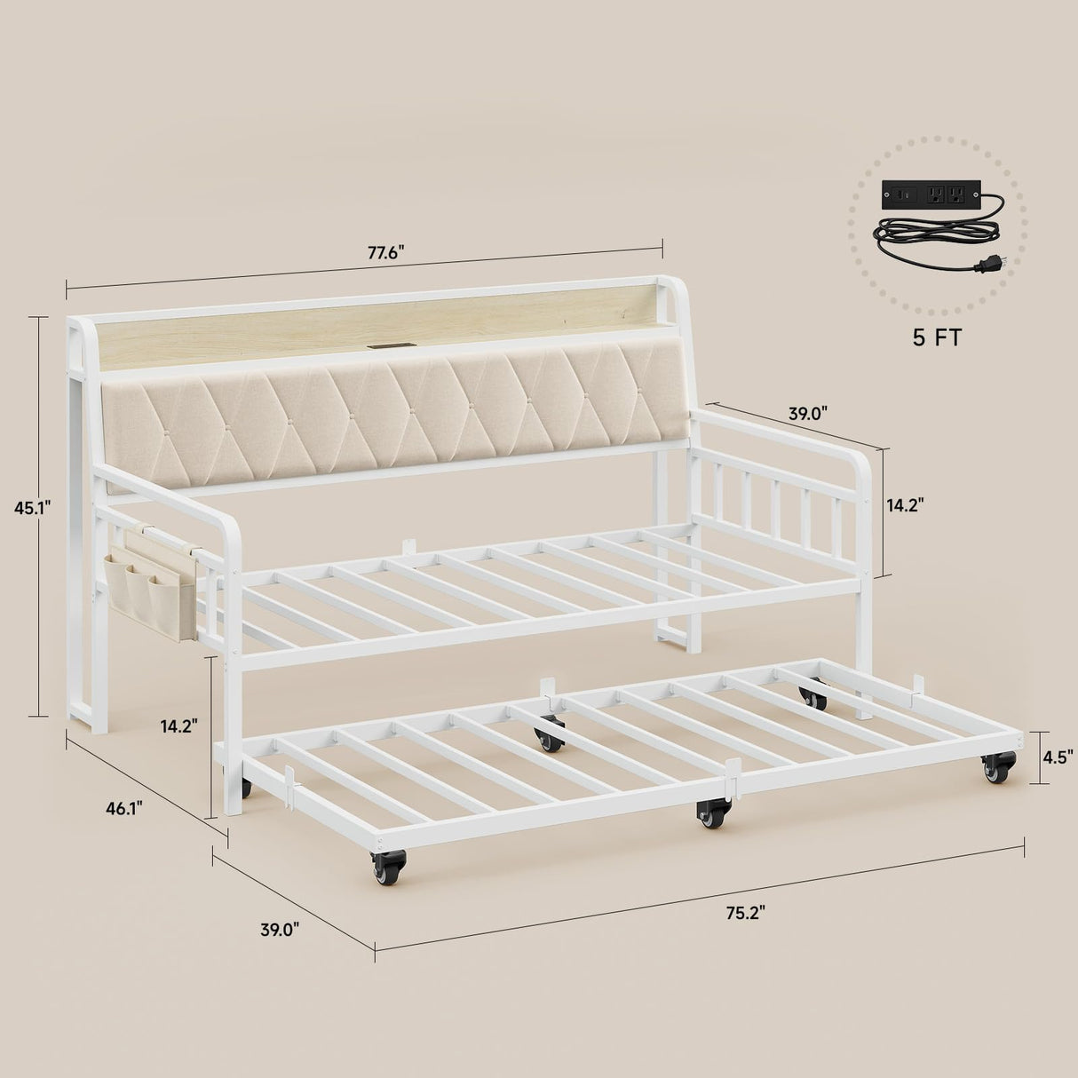 ONBRILL Twin Daybed with Trundle, Metal Day Bed Frame with Ergonomic Upholstered Headboard & Charging Station, Sofa Bed with Twin Trundle for Living Room, Bedroom, playroom, and Guest Room, White ONBRILL