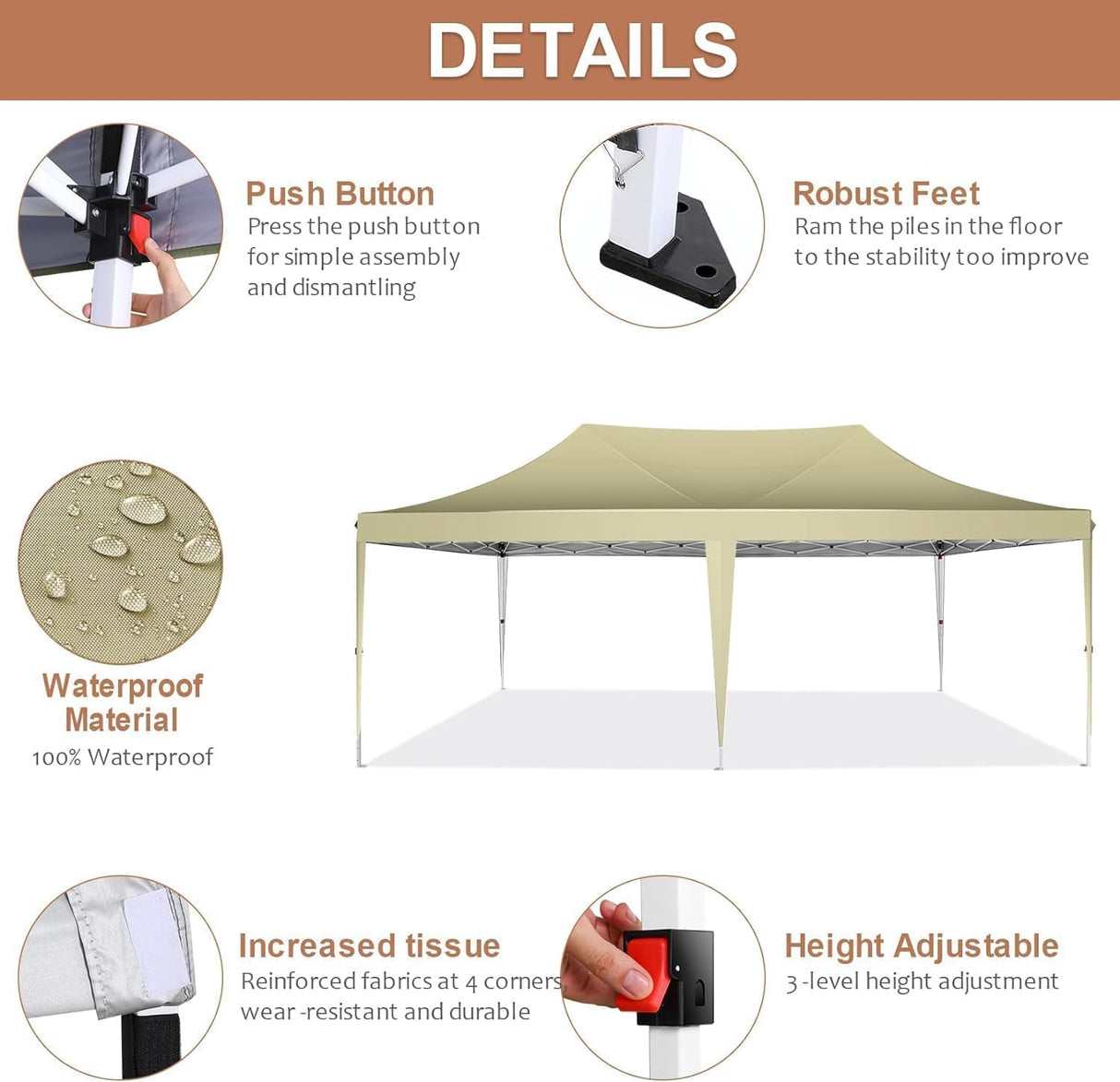 COBIZI 10x20 Pop Up Canopy Tent with Sidewalls,Party Tent Outdoor Gazebos, Waterproof & UV50+,3 Adjustable Heights,Higher Frame Design - Extra Tall for Parties Backyard,Weddings,Markets,(Khaki) COBIZI