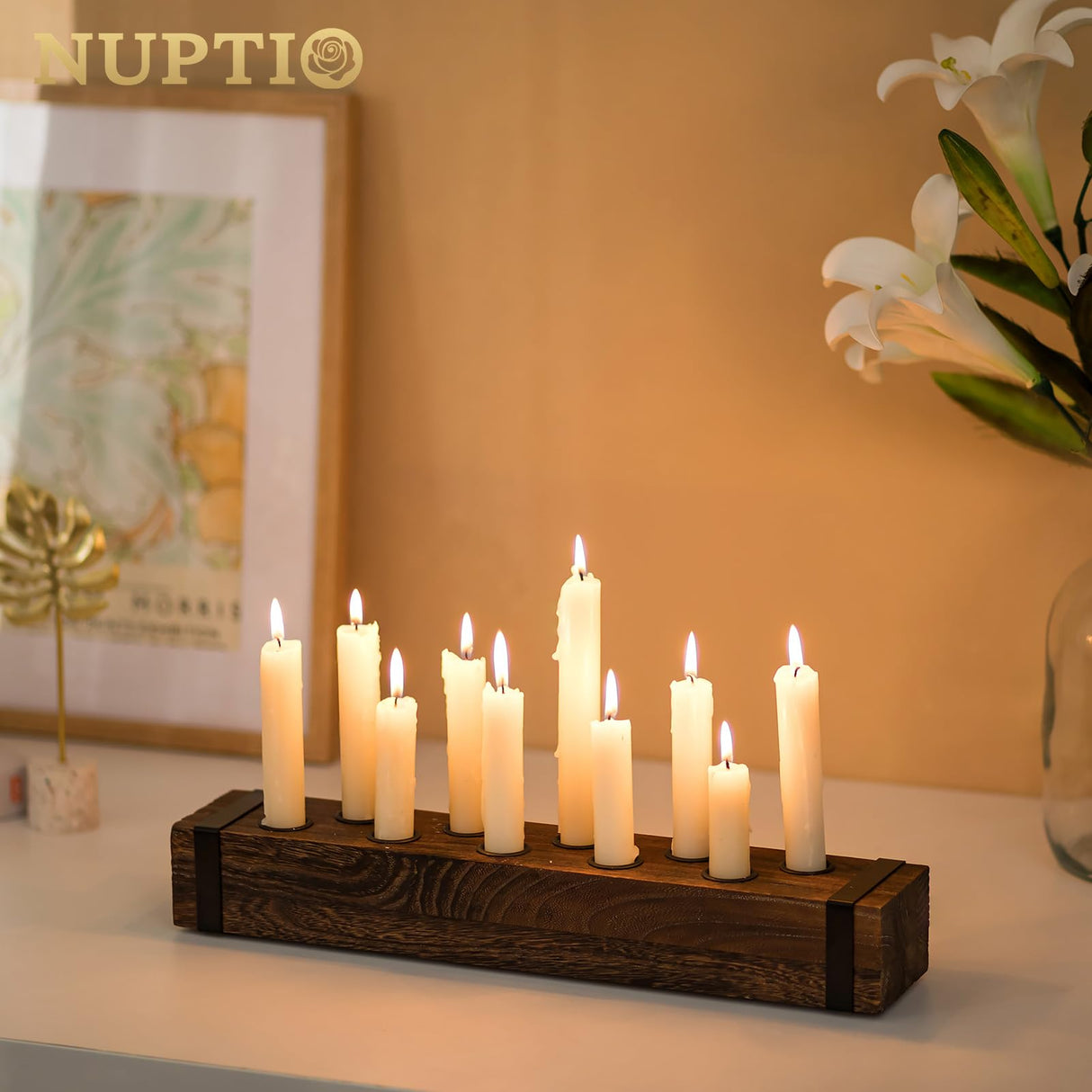 NUPTIO Wood Candelabra for Table Centerpiece: 16.5 inch Long Taper Candle Holder - Farmhouse Candlestick Holder for Christmas Home Dining Living Room Fireplace Decor NUPTIO